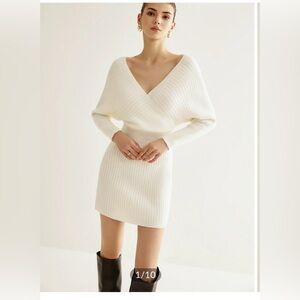 Commense Criss Cross Sweater White Knit Dress